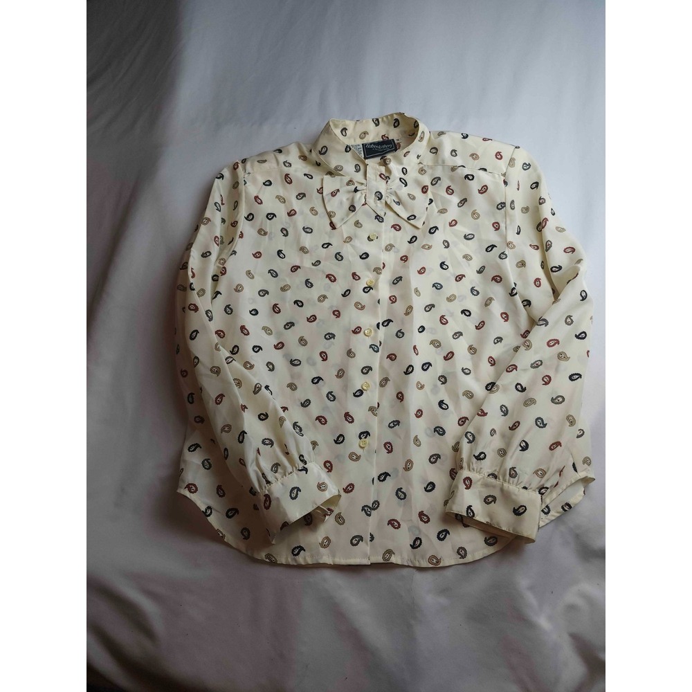 Haberdashery is Personal Blouse Womens Size 14P Cream Woven Paisley Bow Tie